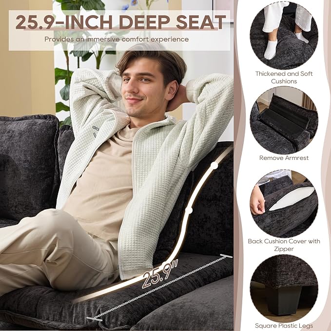IPKIG 82.6 Sectional Sofa Cloud Couch Modern Chenille Comfy Upholstered 2-Seat Sofa with 2 Ottoman 2 Lumbar Pillow Deep Seat Modular Couch for Living Room Apartment Office Studio (Black) | 2 La