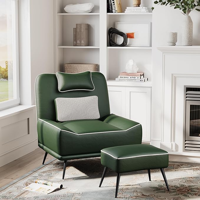 ALISH Modern Accent Chair with Ottoman Upholstered Chair and Ottoman Set Comfort Single Sofa Chair with Removeable Cushion for Living Room Bedroom(Green)