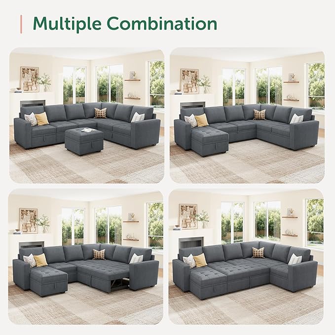 HONBAY Modular Sectional Couch with Pull Out Bed Sleeper Sofa with Storage U Shaped Modular Sectional Couches for Living RoomWarm Bluish Grey