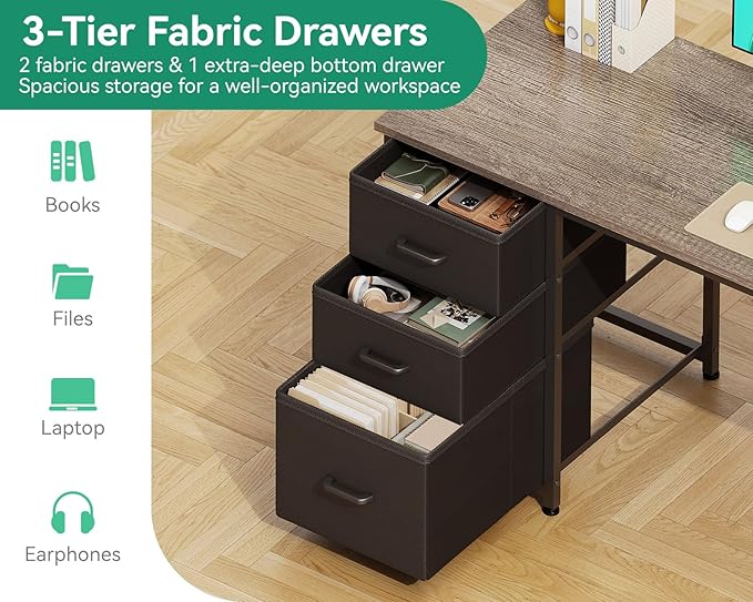 AODK 51 Inch Computer Desk with Fabric Drawers &amp USB Power Outlets - Reversible Home Office Desk with Storage Shelves Work from Home Modern Work/Writing/Study Table for Bedroom Grey Oak