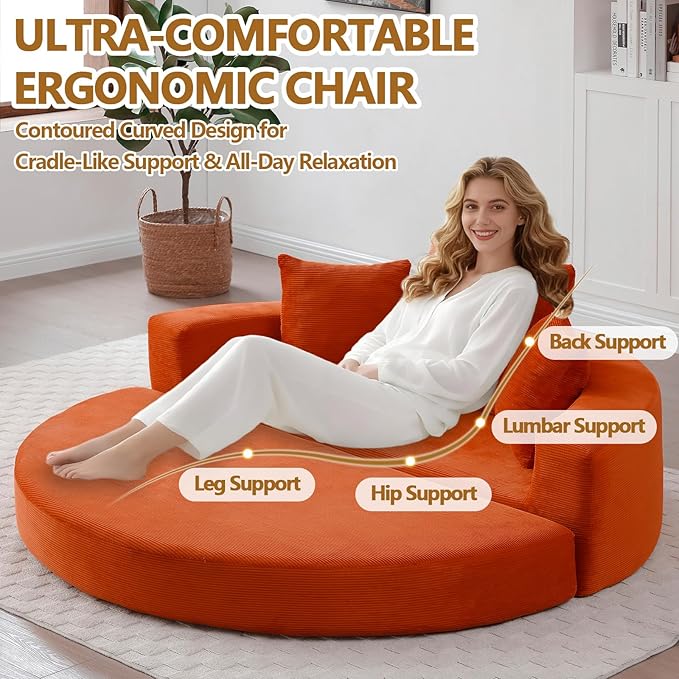 67'' Circular Convertible Compressed Sofa Bed Orange Corduroy Floor Lounge Round Boneless Couch Loveseat Sleeper Sofa Couch with 3 Cushions No Assembly for Apartment Bedroom (Orange 67)