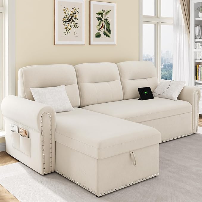 Sleeper Sofa Bed 87'' Pull Out Couch Bed with Reversible Storage Chaise &amp Nailhead Armrest Sectional Couches for Living Room Side Pocket &amp Charging Station Removable Backrest Velvet Fabri