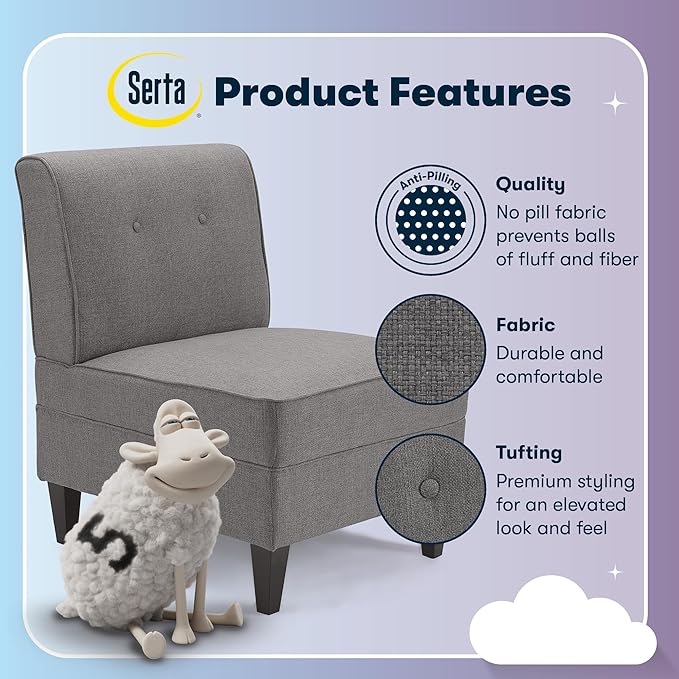 Serta Copenhagen Modern Accent Chair Button Tufted Backrest Sinuous Spring Seat Cushion Rubberwood Legs Upholstery for Living Room Bedroom and Small Spaces Polyester Woven Fabric Gray