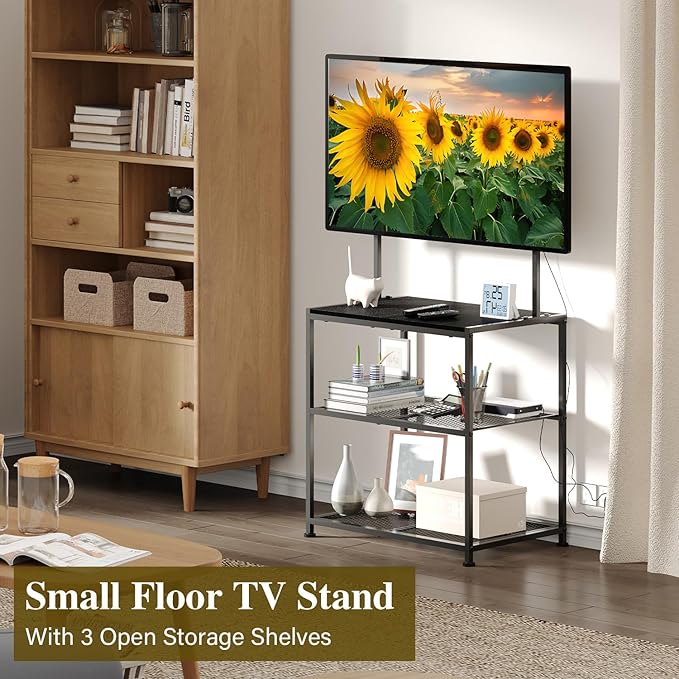 23 Inch to 50 Inch Floor Small Corner TV Stand with Storage Shelves for Living Room Bedroom Universal Floor Television Stands with Mount Farmhouse Black TV Table Desk Shelf for Small Spaces