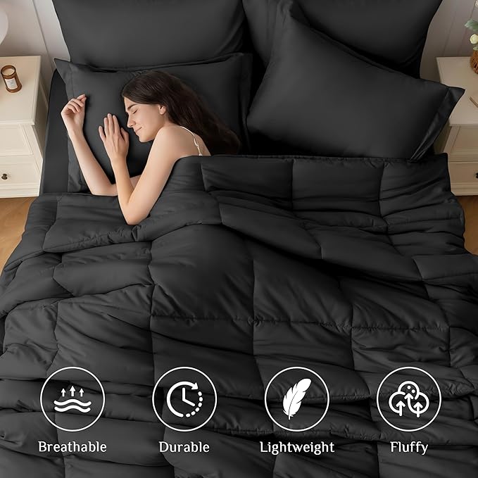 JOLLYVOGUE Oversized King Comforter Set Ultra-Soft Bed in a Bag Oversized King Size 7 Pieces Oeko-TEX Certified Bedding Set with Down Alternative Comforter Sheets Pillowcases &amp Shams Black