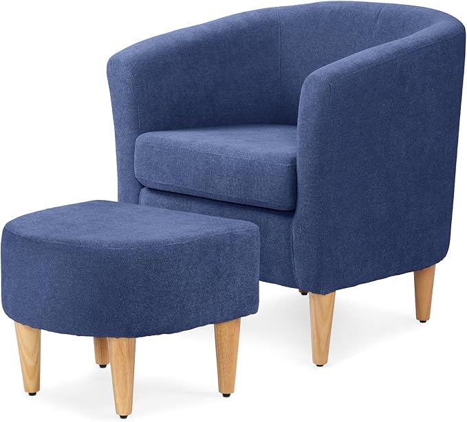 Athena Collection Modern Accent Chair with Ottoman Linen Barrel Sofa Chair Comfy Upholstered Armchair Reading Chair with Thickened Seat Cushion for Bedroom Living Room Navy Blue