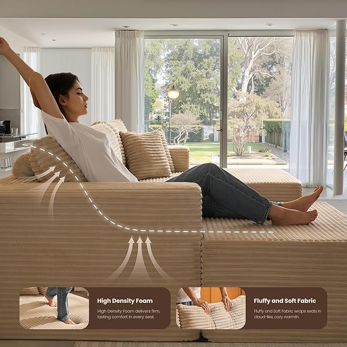 108 L Shaped Couch with Movable Ottoman Beige Boneless Memory Foam Modular Sectional Sofa with Right Facing Chaise Upholstered Corduroy U Couches for Living Room Bedroom No Assembly Required