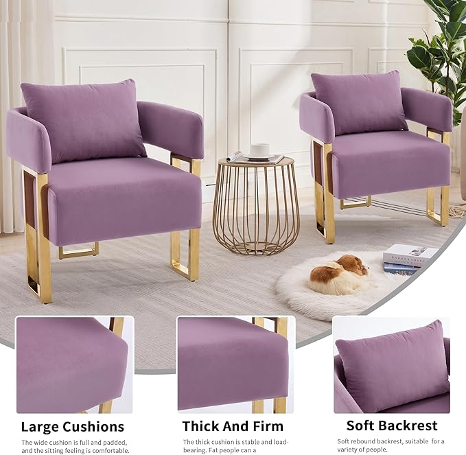 YITAI Modern Accent Chairs no Wheels Living Room Side Chairs with Golden Metal Legs Barrel Soft Velvet Upholstered Reading Armchairs for OfficeStudyReception RoomBedroomLoungePurple Set of 2