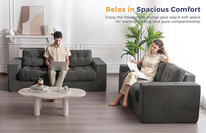 MAXYOYO 3 Seater Couch for Living Room Boneless Couch with Tufted Cushion &amp Backrest Upholstered Floor Sofa with Armrests Sofa in A Box No Assembly Required Dark Grey