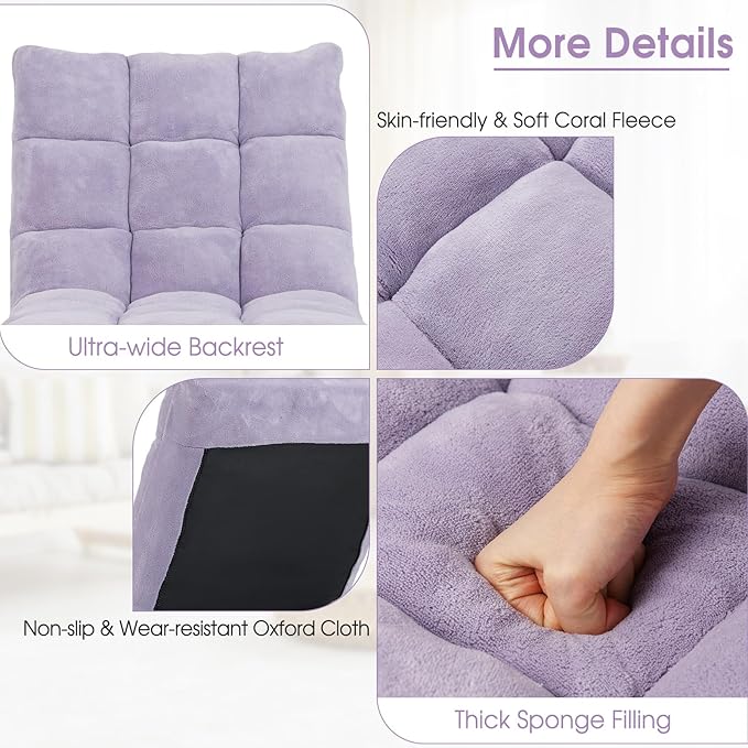 S AFSTAR Cushioned Floor Chair 14-Position Adjustable Padded Lazy Recliner with Comfortable Back Support and Skin-Friendly Cover Great for Reading Playing Game Meditating (Light Purple)