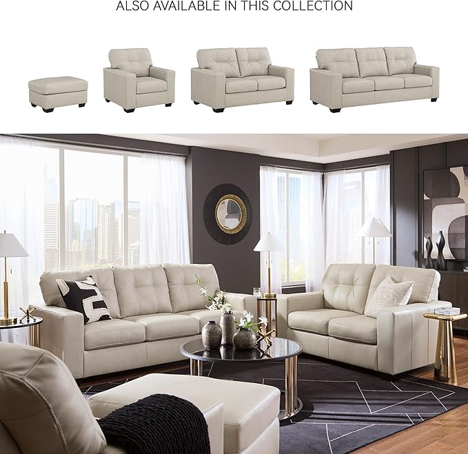 Signature Design by Ashley Santorine Classic Leather Match Loveseat with Tufted Cushion and Removable Cushion Light Gray