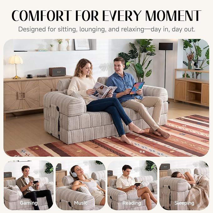 79 Corduroy Sofa Bed Sleeper Couch 6-in-1 Convertible Boneless Floor Futon Loveseat High-Density Foam Couch in a Box with 2 Headrest Pillows No Assembly Grey and White