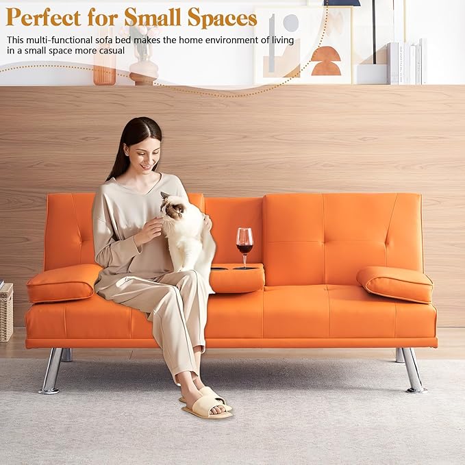 Modern Futon Sofa Bed 67 Inch Leather Convertible Futon Couch Loveseat Sleeper for Small SpacesComfy Folding Recliner Couches for Living Room Adjustable Backrest2 Cup HoldersMetal Legs (ORANGE)