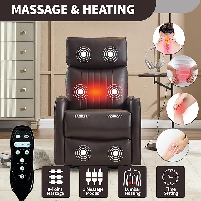 KEIKI Swivel Rocker Recliner Chair with Massage and Heated Pad for Living Room Synthetic Leather Glider with 360 Degree Rotation and Manual Recline