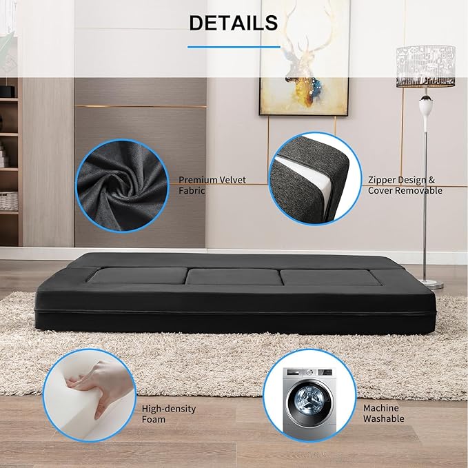 PUREMIND 10 Inch Folding Sofa Bed Velvet Convertible Floor Sleeper Sofa with 3 Ottomans Upholstered 2-in-1 Fold Out Couch Bed Queen Size Guest Bed Foldable Mattress for Living Room Office