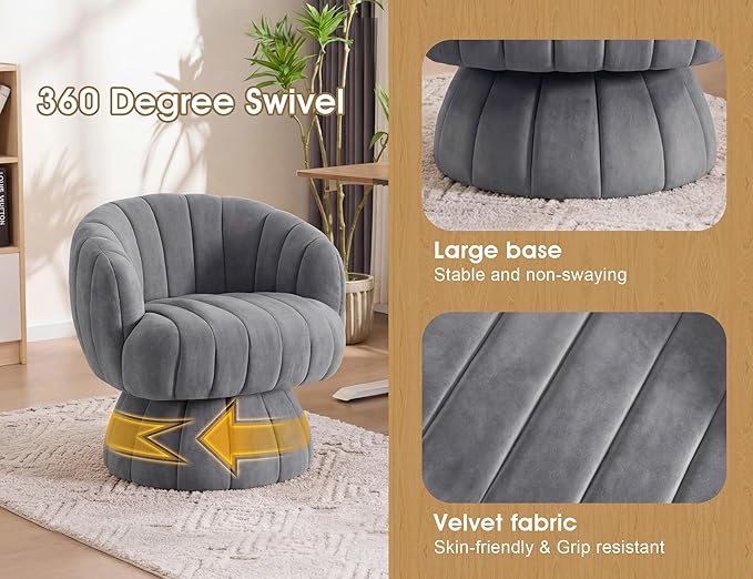 Mid Century Modern 360 Degree Barrel Swivel Accent Sofa ChairFluffy Velvet Fabric Lounge Wide Upholstered Pumpkin Reading Chair Round Cloud Armchair for Living RoomBedroomVanity(Gray)