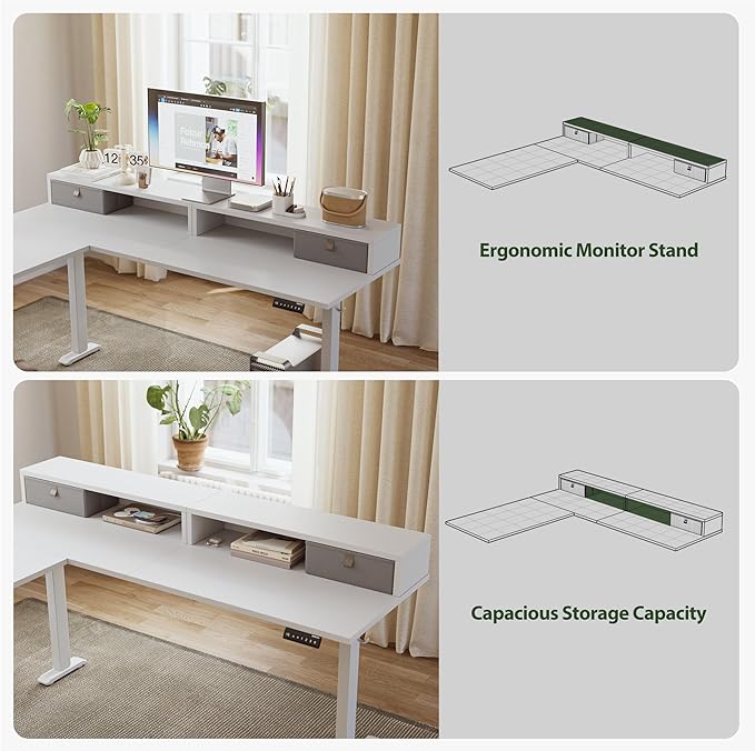 Agilestic L Shaped Electric Standing Desk with 2 Drawers 63 Inch Ergonomic Adjustable Height Desk with Storage Corner Desk Sit Stand up Computer Table for Work Office Home White