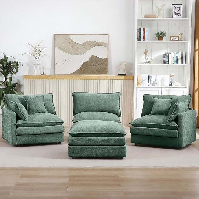 102 Mint Green Modular Sectional Sofa with Movable Ottoman Convertible L Shaped Chenille Cloud Couch Comfy 3-Seater Deep Seat Sofa Couches for Living Room Bedroom and Apartment (Mint Green 102)