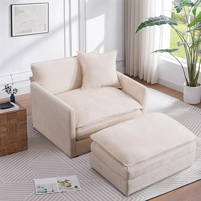 SLEERWAY Oversized Chair with Ottoman Set Modern Comfy Chenille Living Room Large Single Cloud Couch Accent Lounge Chair Indoor and A Half for Bedroom Office Apartment Beige