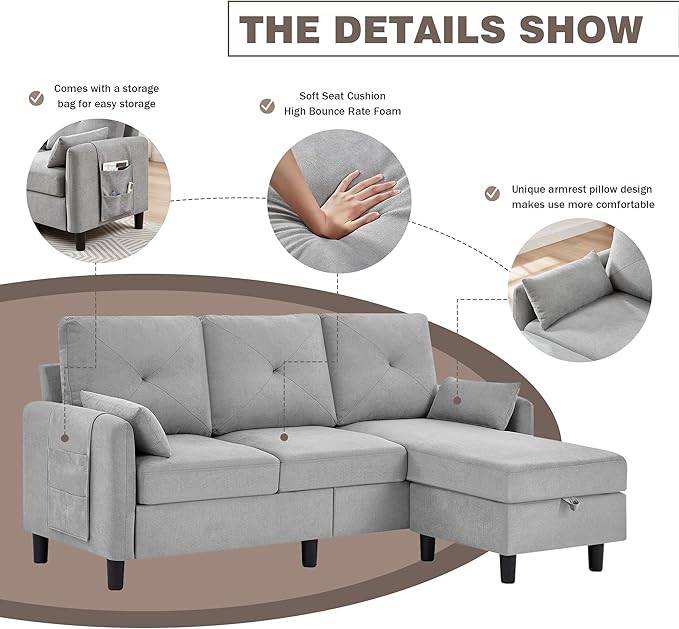 Convertible Sectional Sofa 77 Small L Shaped 3 Seat Couch with Reversible Storage Chaise Modern Polyester Fabric Sofa Couches for Living Room Apartment and Small Space Light Grey