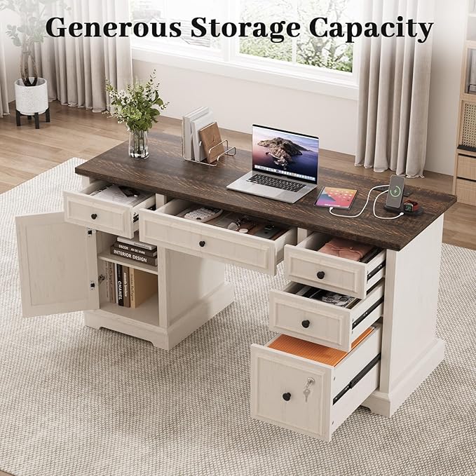 Vipbear 59 Farmhouse Executive Desk with Drawers Wood Home Office Computer Desk Featuring Lockable File Drawer Storage Cabinet &amp Power Outlet Storage Cabinet for Work Study Writing (White)