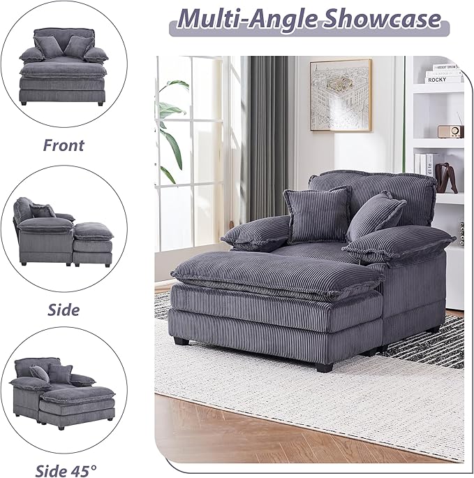 TTK Oversized Chaise Lounge Chair with Ottoman - 39.17 Wide Modern Sleeper Sofa for Living Room Bedroom &amp Office - Deep Seat Sectional Couch with Pillow Comfortable Reading ChairGray