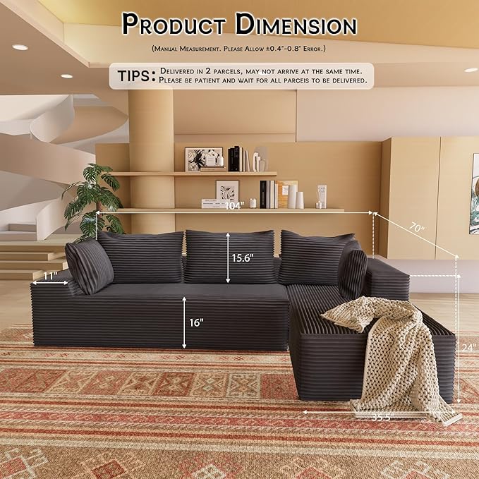 104” Cloud Sectional Couch with L-Shape Chaise Convertible Sofa with Deep Seat Modern Oversized Fluffy Couch with Sleeper Chaise Corduroy Sofas Bed Minimalist Sofa Couches(Black)