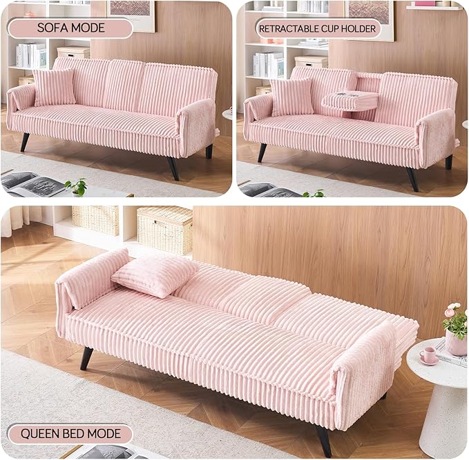 Anwick Futon Sofa Bed Modern Folding Couch for Small Space Corduroy Convertible Loveseat Sleeper Bed Daybed Recliner Lounge Sofas for Living Room2 Cup HoldersMetal LegsRemovable Armrests (Pink I)