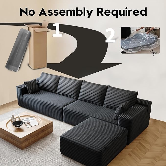 139.4 L Shaped Cloud Sectional Sofa for Living Room Plush Corduroy Cover Fluffy Memory Foam Cushions No Assembly Required Modular Chaise Lounge Oversized Comfortable Couches Set Black