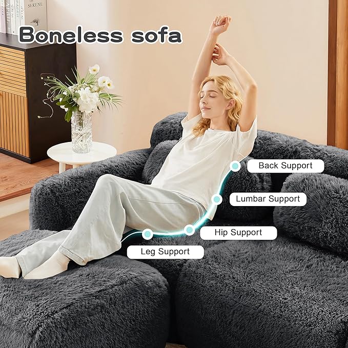 80.4-Inch Boneless Love Seat Couches in a Box Modern 2 Seat Floor Modular Foam Cloud Sofa Faux Fur Loveseat Couch W/Angle Armrests for Home Apartments Bedroom