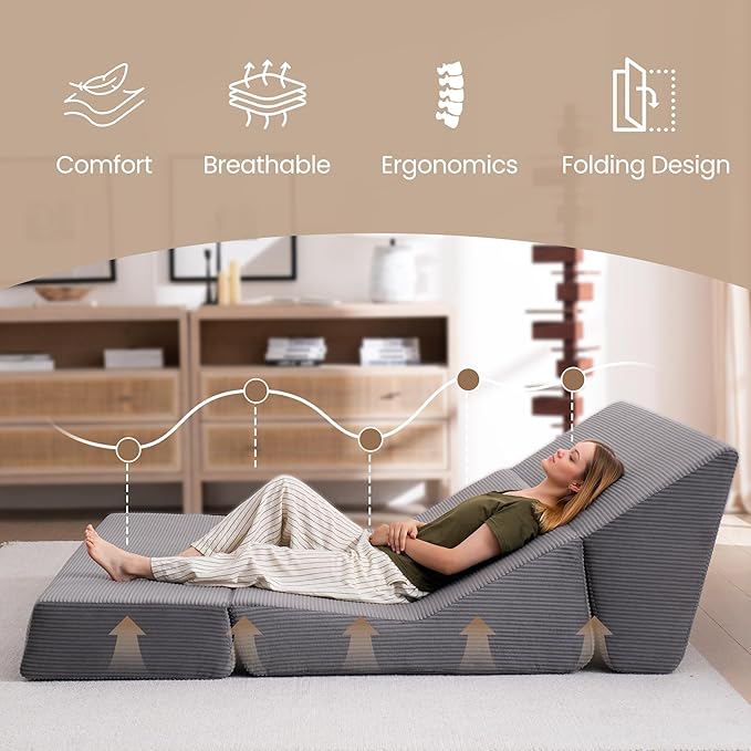 Folding Sofa Bed Convertible Sleeper Chair with Pillows High Support Memory Foam &amp Soft Corduroy Fbric Comfy Couch Bed Floor Loveseat Couch for Living Room Apartment Guest RoomGrey