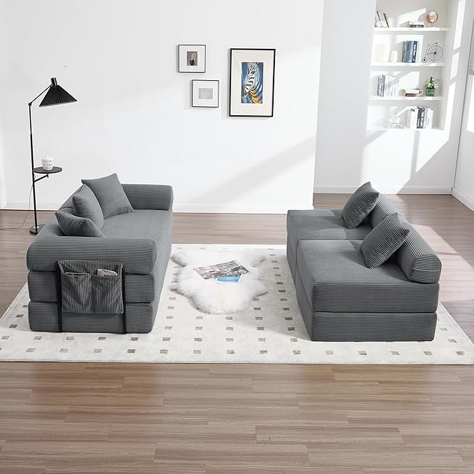 10-in-1 Folding Convertible Sofa Bed 141 Inch Boneless Couch with Fixed-Shape Frame Corduroy Modular Sectional Sofa Mattress Sleeper Sofa Floor Sofa Futon Couch for Living Room (Grey)