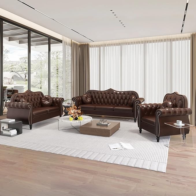 Chesterfield Three Seater Sofa Mid-Century Modern Faux Leather 3-Seater Upholstered Couch Tufted Living Room Sofa with 2 Pillows and Button Nailhead Brown