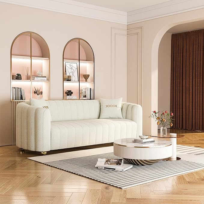 Modern Teddy Cream White Couch for Living Room 83.46 Curved Sofa with Gold Metal Sphere Legs 3 Seater Cute Couch (Teddy Cream White)