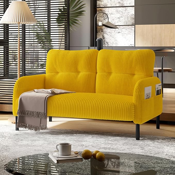 48 Small Loveseat Sofa for Small Space Corduroy Love Seat Couches with Black LegsComfy Couchs for Living Room Bedroom Apartment OfficeMid Century Modern Couch (Yellow)
