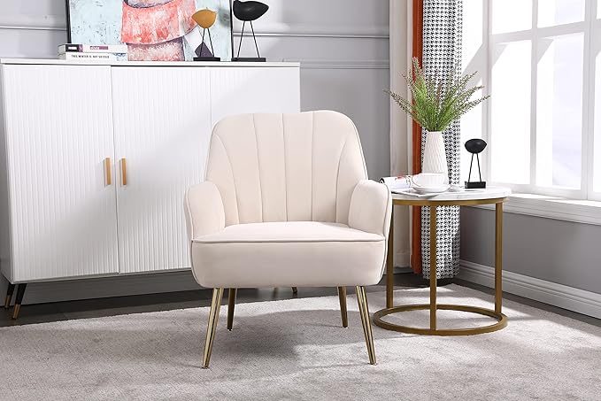 Modern Mid Century Chair Velvet Sherpa Armchair for Living Room Bedroom Office Easy Assemble(Beige) IQ367