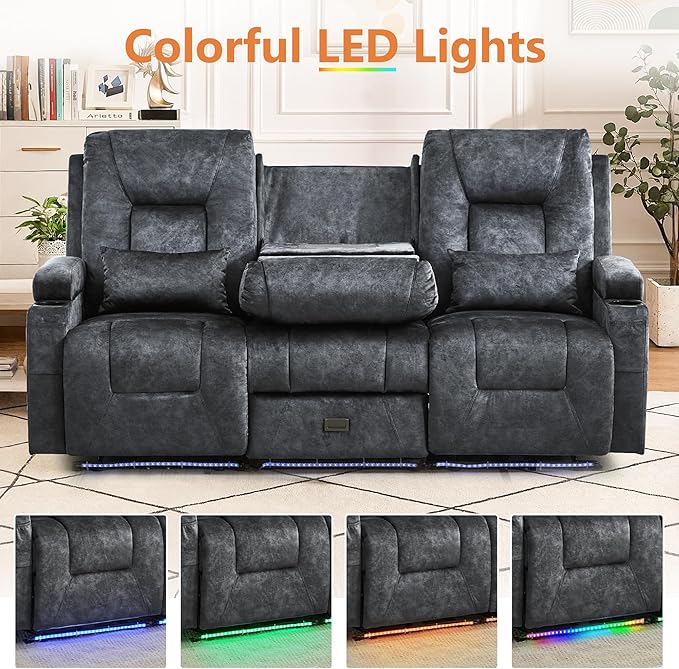 Houjud Wall Hugger Power Recliner Sofa 3-Seater RV Couch Reclining Sofa with LED Lights USB Ports Cup Holders Side Pockets Outlets Drawer for Living Room and Home Theater Velvet Grey