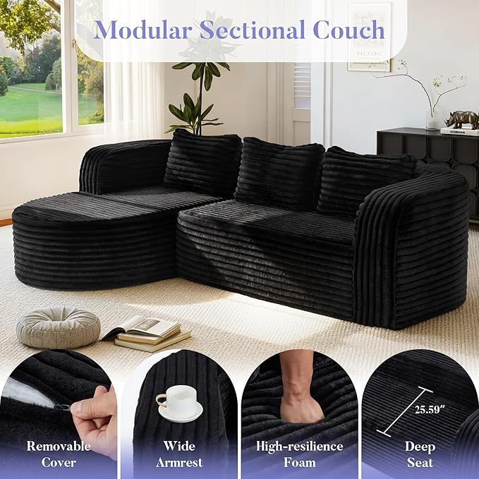Hobestluk 96 Cloud Sectional Couch Modern Boneless Couch 3 Seater with Oversized Chaise L Shaped Modular Sofa Couches for Living Room Apartment No Assembly Required (Stripe BlackLeft Facing Chaise)