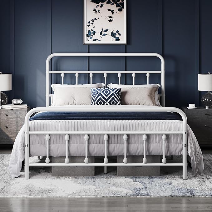 Yaheetech Classic Metal Platform Bed Frame Mattress Foundation with Victorian Style Iron-Art Headboard/Footboard/Under Bed Storage/No Box Spring Needed/Full Size White