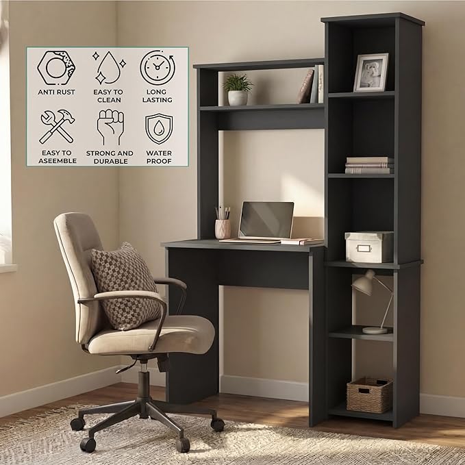 Tuhome Versalles Writing Desk with Two Superior Shelves Five Side Open Storage Compartments Space-Saving Modern Workstation Design for Studios and Offices Ideal for Organization Books