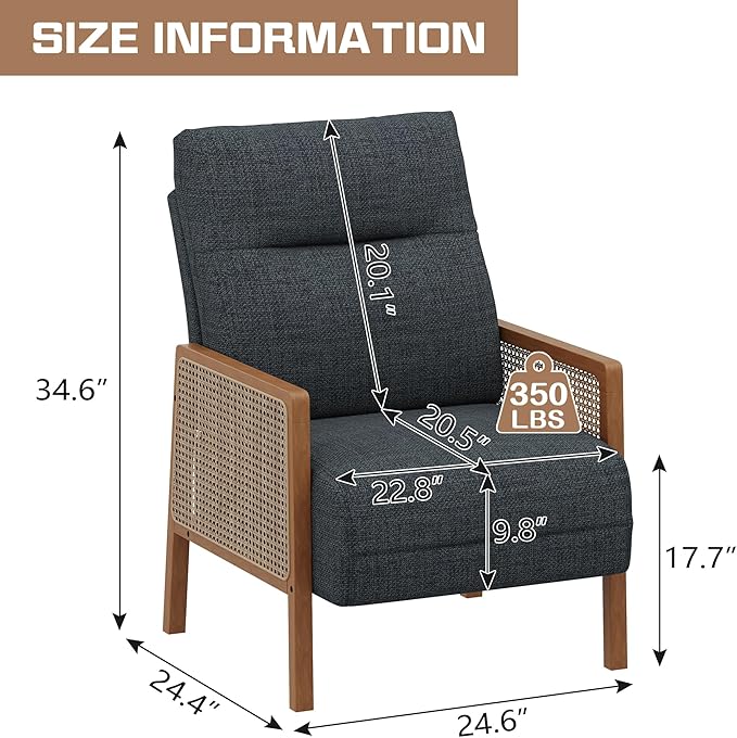 Alunaune Upholstered Natural Rattan Living Room Chairs Accent Chair Armchair Set of 2 Modern Slipper Club Chair Guest Reception Couch Comfy Single Sofa for Reading Bedroom-Grey