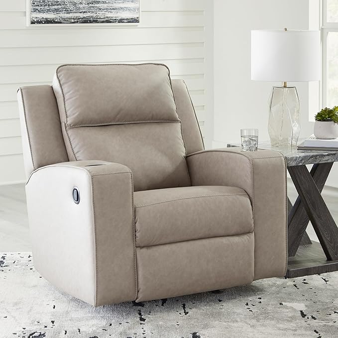 Signature Design by Ashley Lavenhorne Contemporary Faux Leather Upholstered Manual Rocker Recliner with 2 Cup Holders Beige