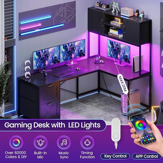 SEDETA Corner Computer Desk Reversible L Shaped Computer Desk with Fabric Drawers and Power Outlet Gaming Desk with Led Lights Hutch and Storage Shelf for Home Office Black