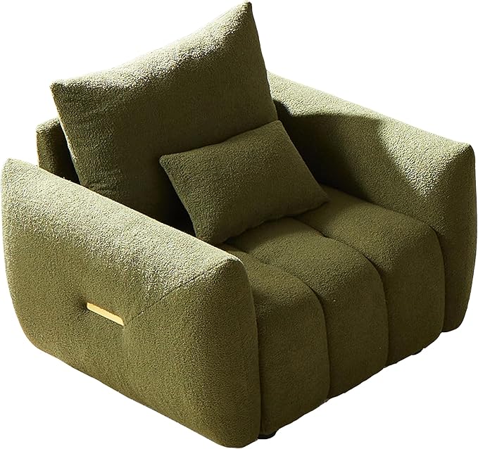 Modern Accent Chair with One Pillow 36.8'' Teddy Fabric Upholstered Sofa with Solid Wood Frame Single Sofa Lounge Chair for Apartment Office Living Room (Green * Pillow98)