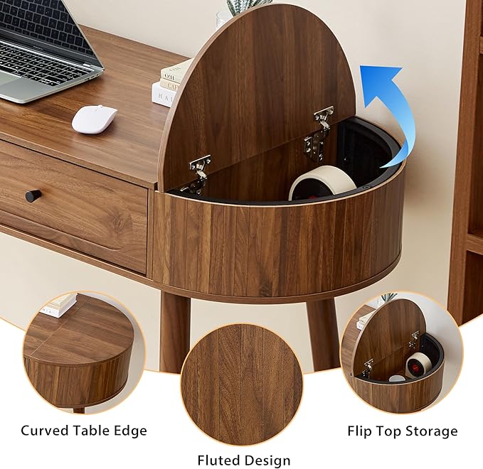 Mid-Century 59 Wood Writing Desk Home Office Computer Laptop Desk with 2 Flip Storage Space + 2 Drawer 150 CM Elegant Fluted Vanity Table Multifunctional Study Desk for Office Bedroom (Wlanut)