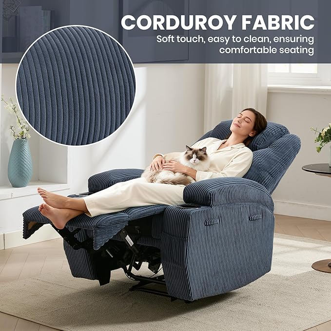 Recliner Chair Modern Ergonomic Lounge Single Sofa with Massage and Heating135°Recliner Chairs Seat Living Room Recliners Foam Filling 2 Cup Holders &amp Side PocketBlue