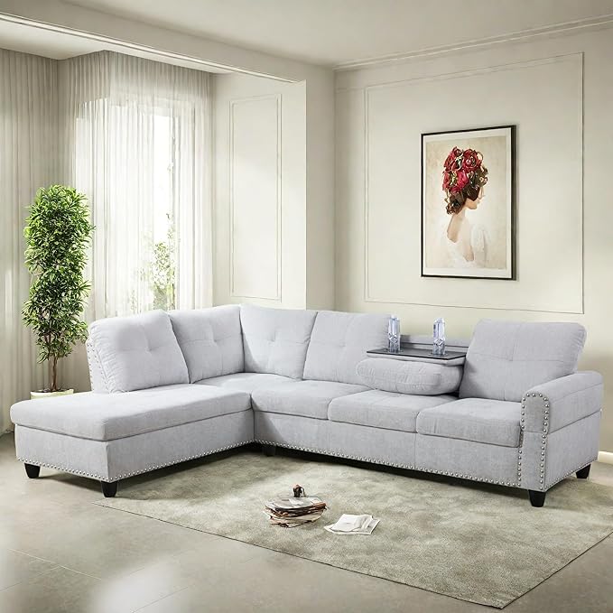 FONTOI L Shaped Sectional Couch Sofa Modern Nail-Head Design Sectional Sofa for Living Room 4 Seat L Couch with Storage Ottoman &amp Cup Holder for Bedroom Apartment Grey