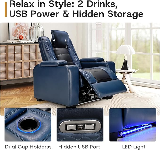 ANJ Power Home Theater Seating Set of 2 Blue Faux Leather Electric Recliner Chair with Adjustable Headrest Dual Motors Movie Reclining Chairs with LED LightsUSB portCup Holders Hidden Arm Storage