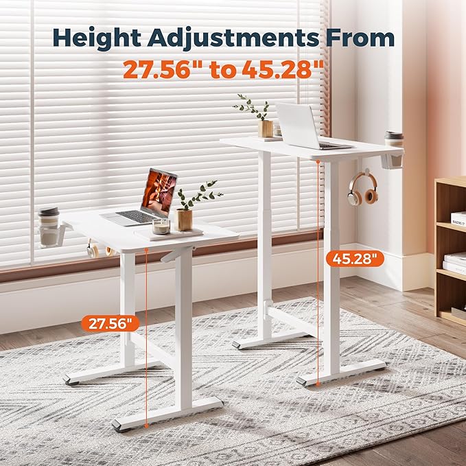 Small Small Pneumatic Adjustable Stand Up Desk Rolling One-Piece Standing Desk 31.5 x 19.7 Inch Home Office Desk Computer Workstation White