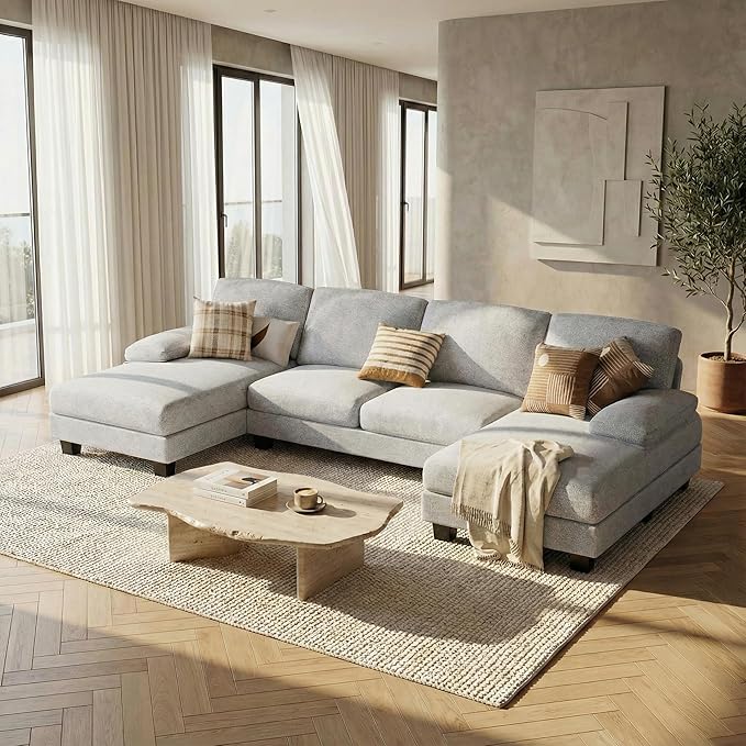 Homall Modular Sectional U Shaped Sofa Couches for Living Room Comfy Loop Yarn 4 Seat Sofa Set with Removable Pillows Lounge Chaise Upholstered Couch for Apartment (Loop Yarn Pearl Gray)